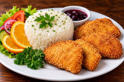 Rántott camembert,rizs, áfonyalekvár